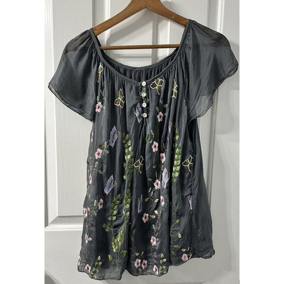 Pura Seta Women's Gray Embroidered Short Sleeve Seta Silk Made In Italy No Tags - Picture 1 of 4
